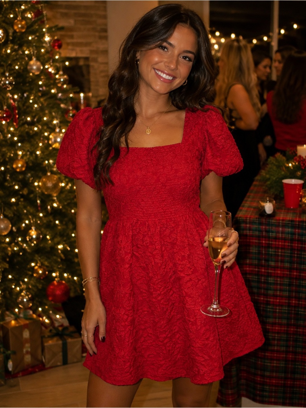 Boutique Red Floral Holiday Textured Medium Puff Sleeve Smocked Mini Dress